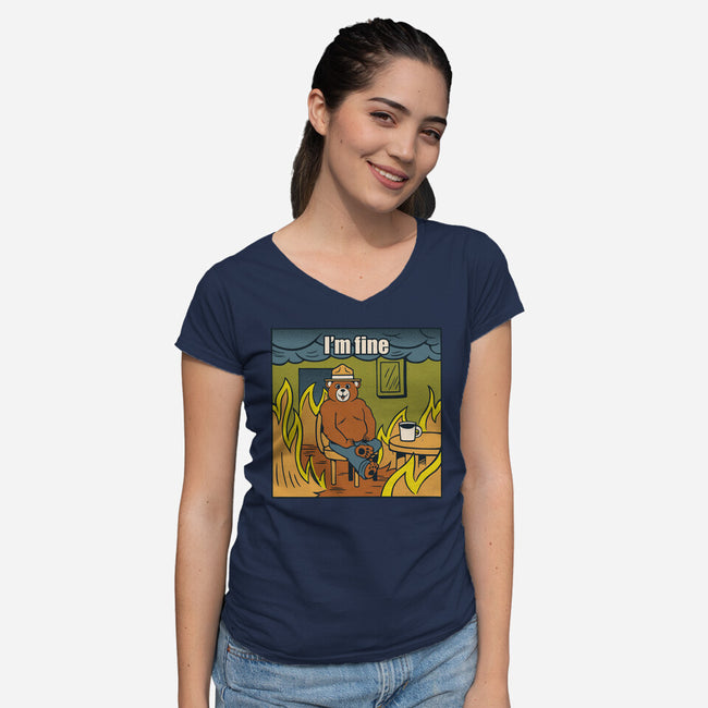 I'm Fine Bear Fire Meme-Womens-V-Neck-Tee-tobefonseca