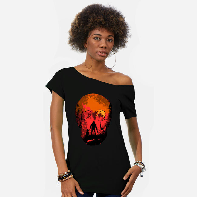 Evil Dead Fight-Womens-Off Shoulder-Tee-heydale