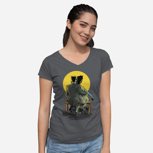 Monster And Bride Gazing At The Moon-Womens-V-Neck-Tee-zascanauta