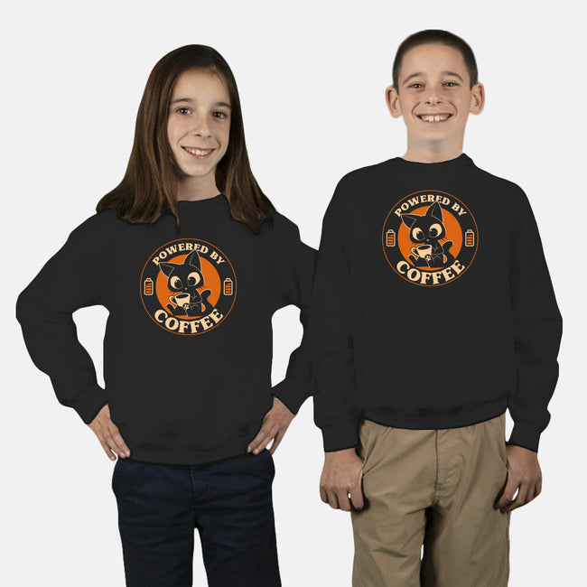 Powered By Coffee Cat-Youth-Crew Neck-Sweatshirt-worlddominationforcats