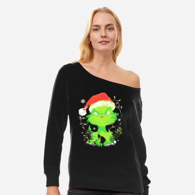 Grinch In The Gloom-Womens-Off Shoulder-Sweatshirt-constantine2454